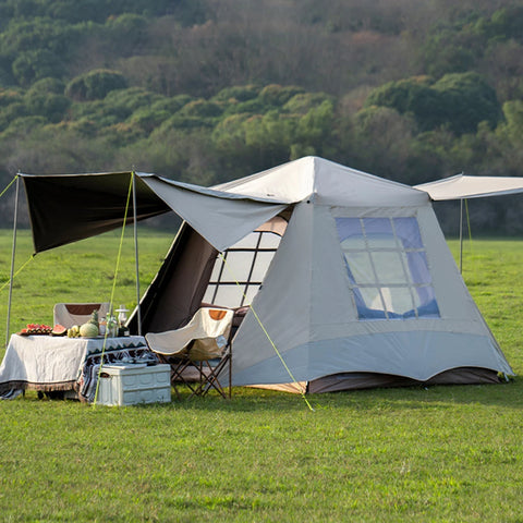 Tent - Strandtent - Campingtent - Ultralichte Campingtunneltent - Dubbellaags - Waterdichte Campingtent - Tweedeurs - Draagbaar - Automatisch Opzetbaar - Tent voor Kamperen Wandelen - Grijs