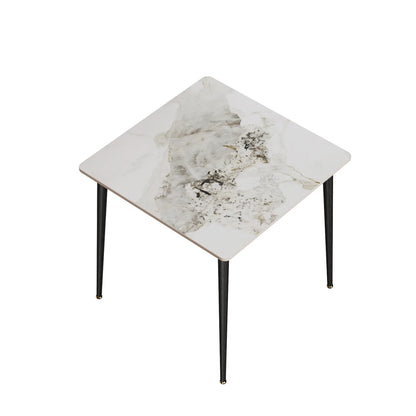 Eetkamertafel – Marmeren Tafel – Vierkante Eettafel – Compacte Tafel – Sintered Stone Blad – Robuuste Metalen Poot – 80x80 cm - Wit en smaragdgroen