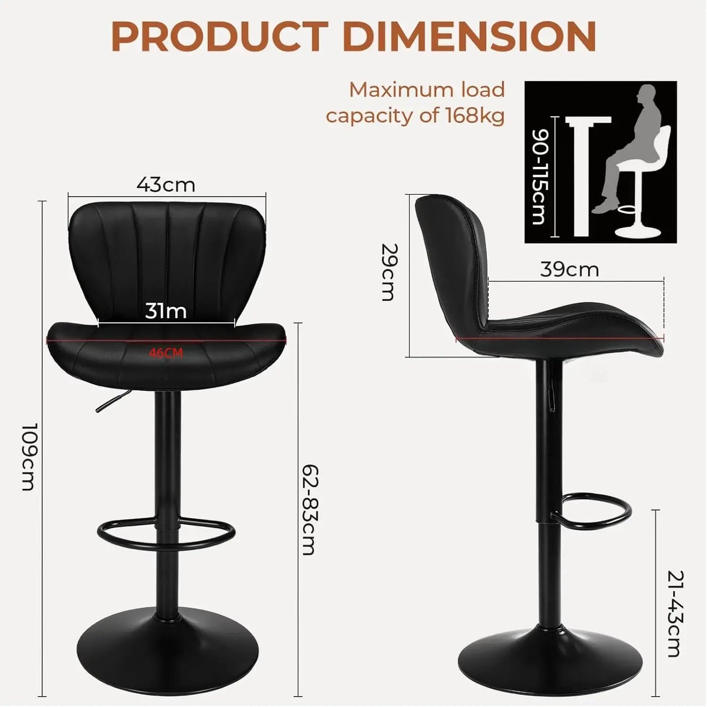 Barstoelen – Barkrukken – Barstoeltjes – Keukenkrukken – Zwarte Barstoel Set – Verstelbare Hoogte – 360° Draaibaar