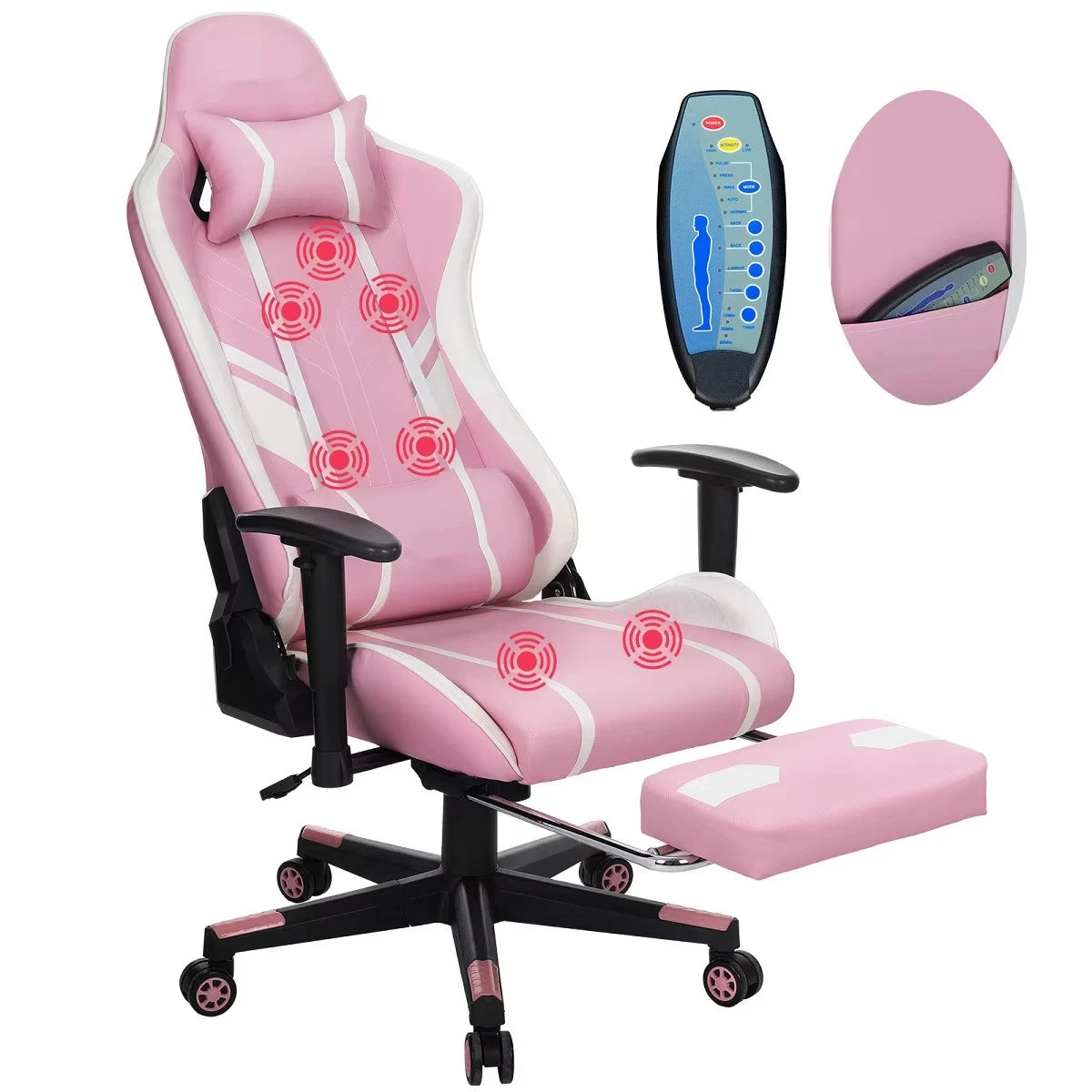 Gamingstoel – Bureaustoel – Massagestoel – Relaxstoel – Ergonomische Stoel – Met Massagefunctie – Verstelbaar Tot 175° – Hoogwaardig PU-Leder - Roze-Wit