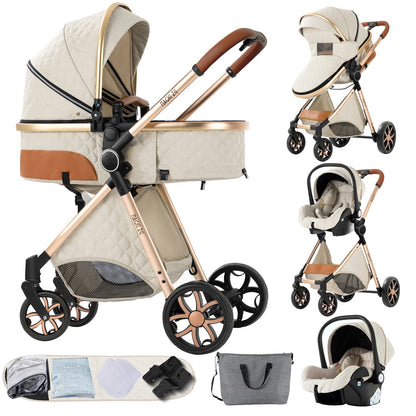 3 in 1 Baby Stroller with Car Seat Warm and Cozy Baby Pram High Landscape Infant Pushchair Lightweight Folding Travel Stroller