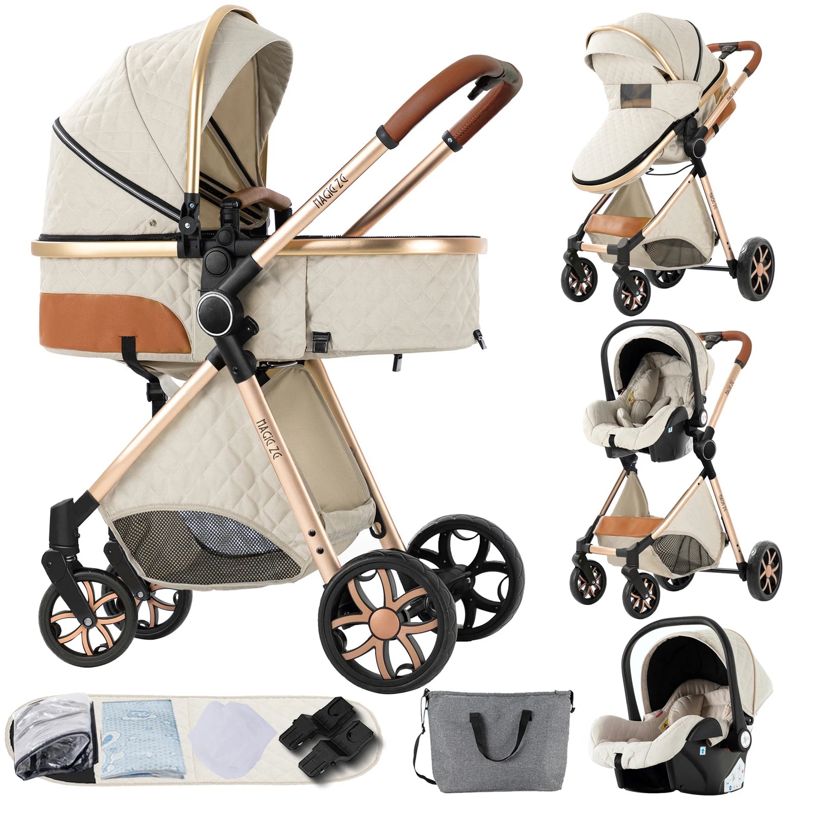Portable 3 in 1 Baby Stroller with Bassinet and Car Seat Warm Baby Pram High Landscape Infant Pushchair Compact Folding Stroller - QUORE