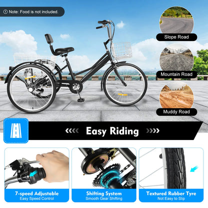Driewieler – Drie-Wiel Fiets – Seniorenfiets – Comfortfiets – 24 Inch – 7 Versnellingen – Ergonomische Zitting
