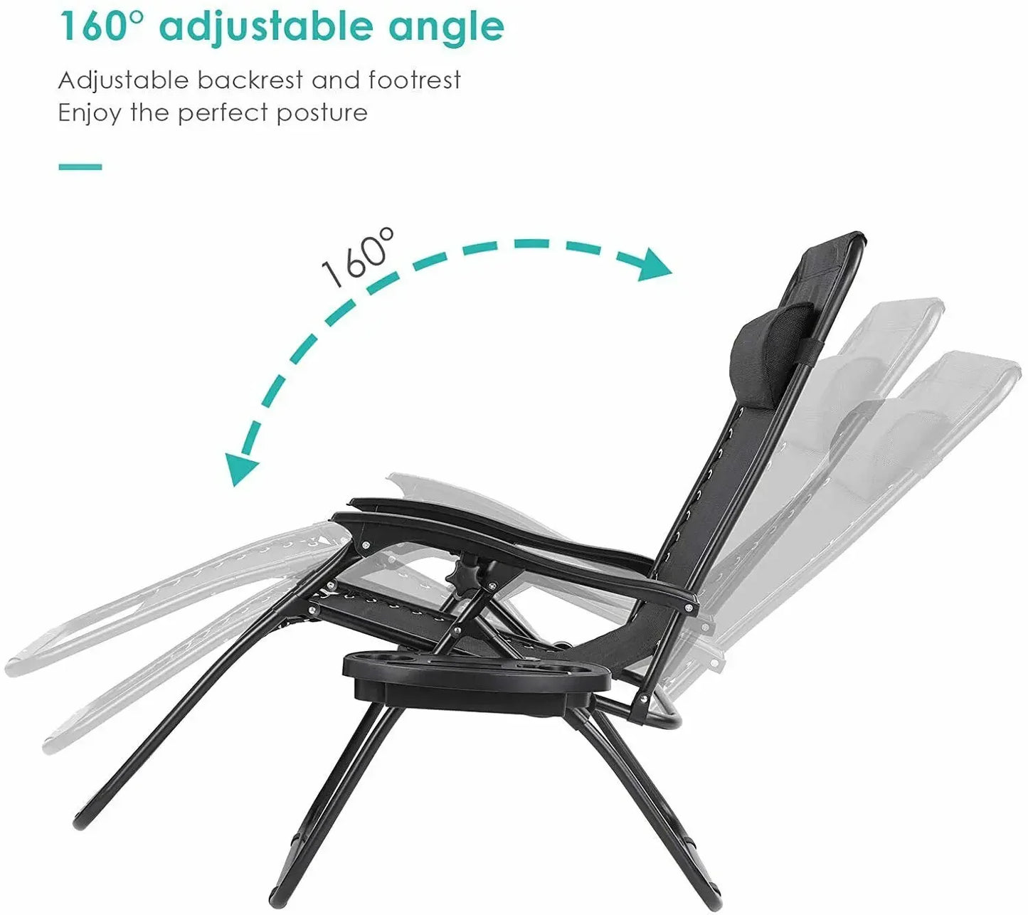 Ligstoelen Set met Tafel - Loungeset Buiten - Verstelbare Tuinstoelen - Campingstoelen - Opvouwbare Strandstoelen met Hoofdkussen en Bekerhouder - Zwart