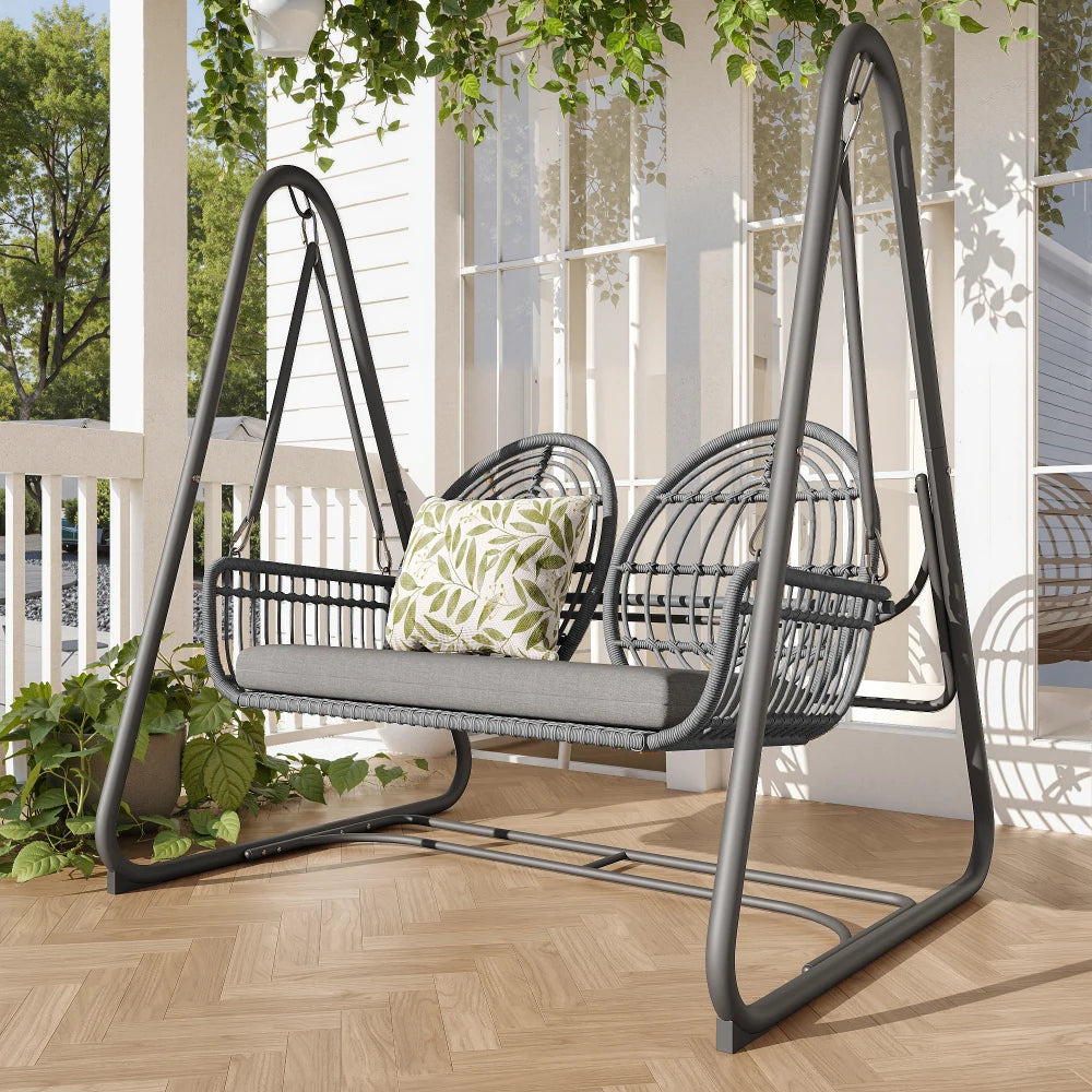 Tuinschommel - Dubbele Schommelbank - Schommelstoel - Tuin - Schommel - 2 Personen - met Rugleuning – PE Rattan & Metalen Frame – Donkergrijs