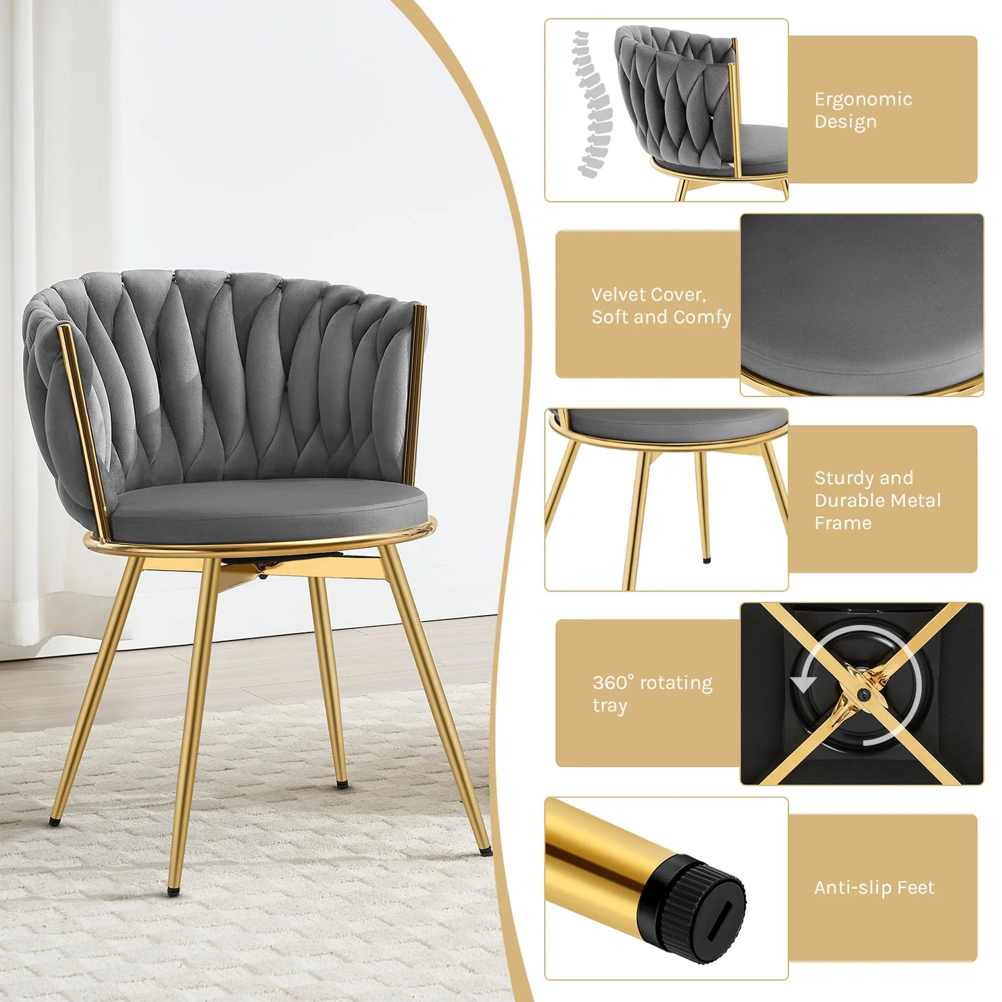 Draaibare Eetkamerstoelen – Comfortabele Stoelen – Velvet Bekleed – Metalen Frame – 360° Draaibaar – Stevige Rugleuning