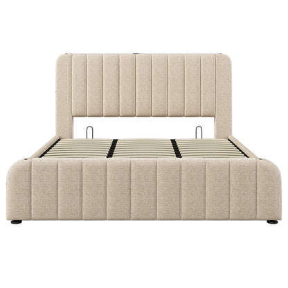 Linnen Bed – Slaapbed – Opbergbed – Boxspring – Ledikant – Beige 180x200 cm – Met USB- & Type-C Oplaadpoort – Hydraulische Opbergruimte - QUORE