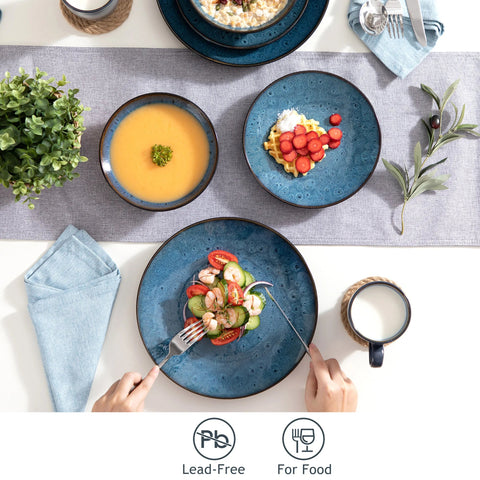 Servies - Servies set - 16 Stuk - Vintage Keramische - Met Diner/Dessertbord - Kom - Koffie Cups - Blauw Steengoed