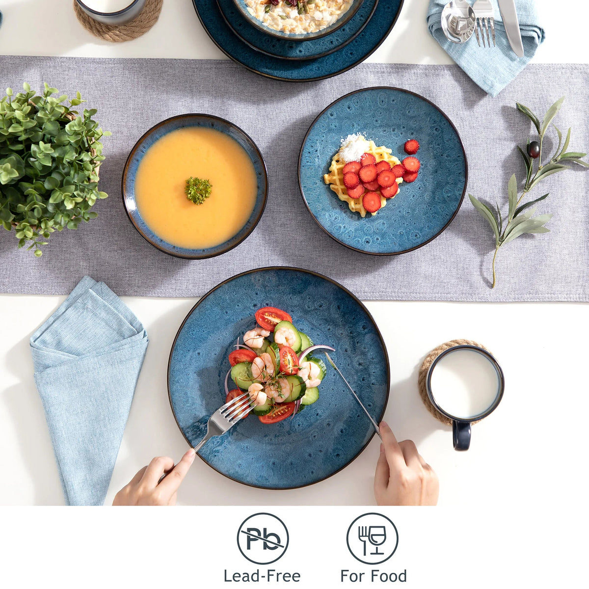 Servies - Servies set - 48 Stuk - Vintage Keramische - Met Diner/Dessertbord - Kom - Koffie Cups - Blauw Steengoed