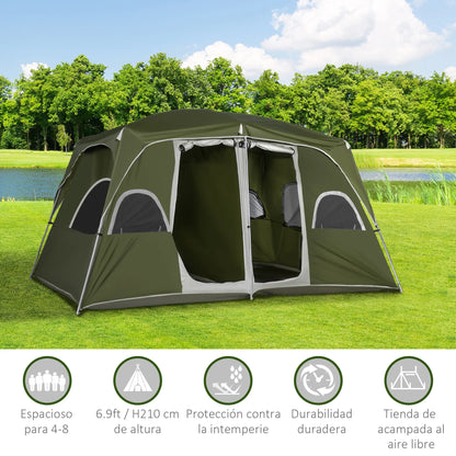 Gezinstent met 2 Slaapkamers - 400x275x210 cm Groene Tent - Waterdicht - UV-bestendig - Flexibele Glasvezel Stokken - 4-8 Personen - QUORE