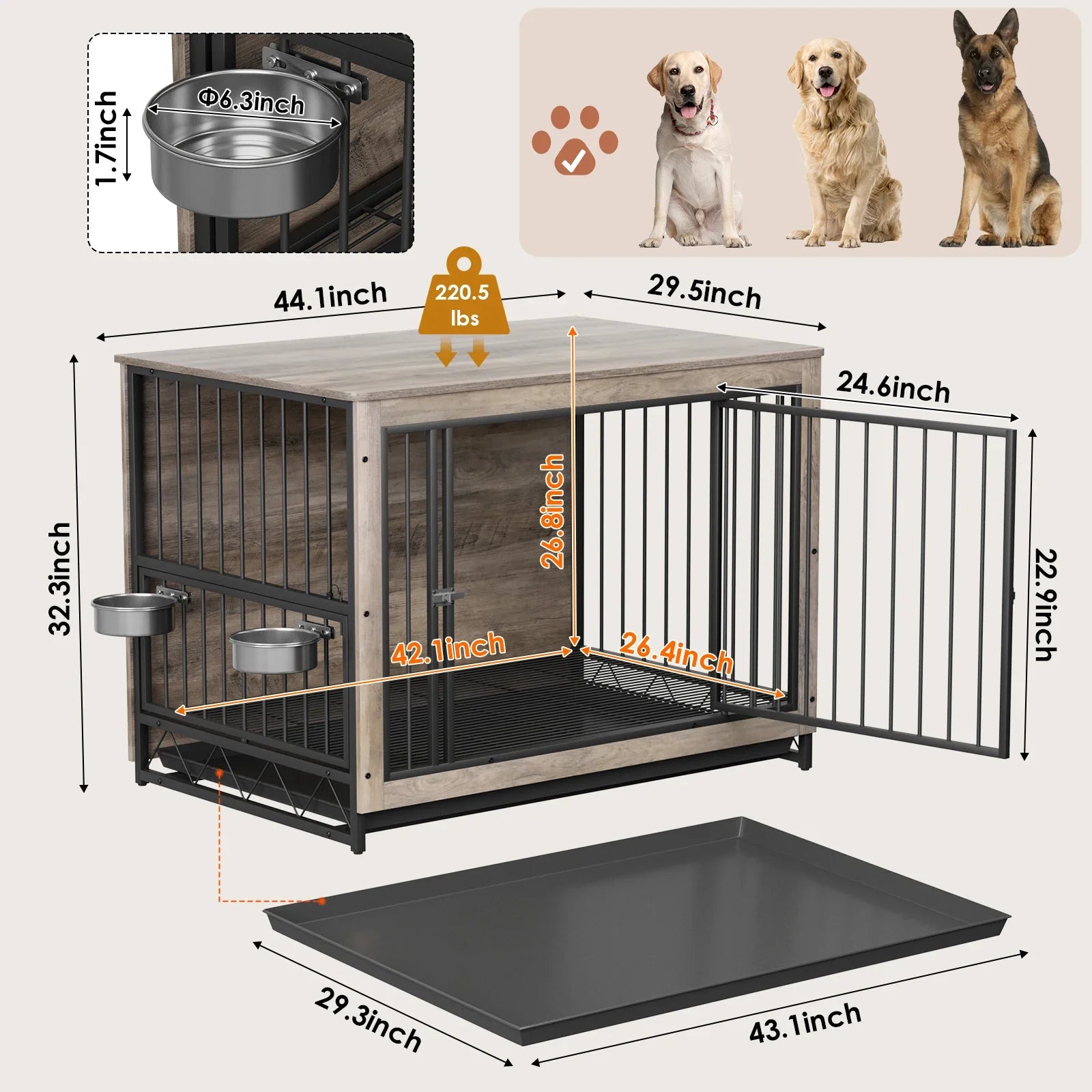 Hondenbench – Hondenkooi – Hondenhok – Doggy Kennel – Hondenbenchmeubel – Stevig MDF Met Stalen Frame – Inclusief 360° Draaiende RVS Voerbakken - 44inch Grijs - QUORE