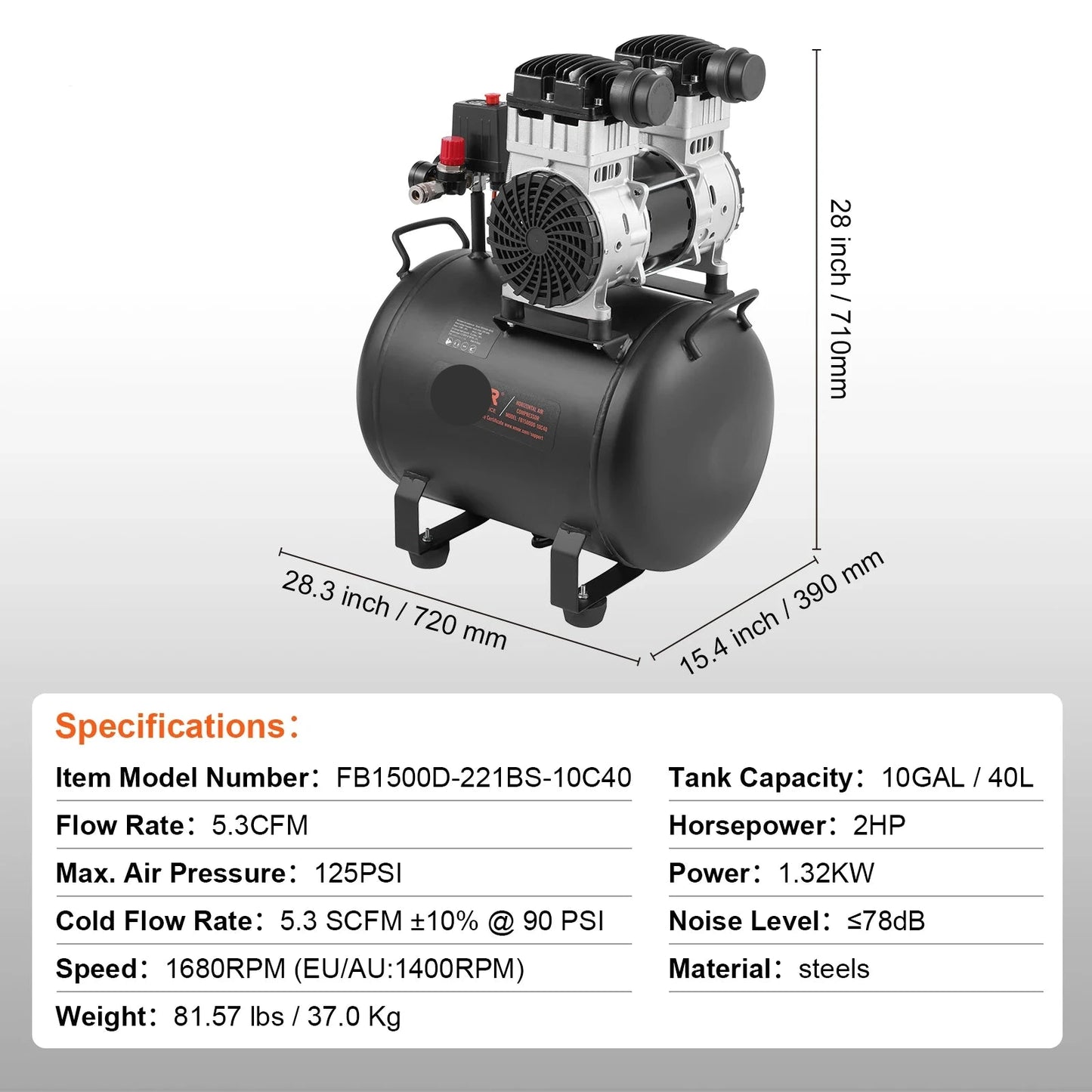 Stille Luchtcompressor - Airpress Compressor - Luchtcompressor Bandenpomp - Airpress - Elektrische Compressor - 1.32KW - 78dB - Olievrije - 40 Gallon - Draagbare - Voor Auto Reparatie - Bandenvulling - Gereedschap