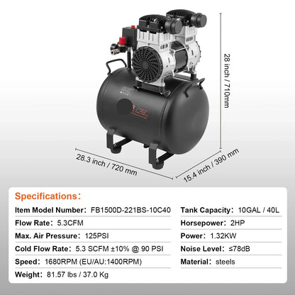 Stille Luchtcompressor - Airpress Compressor - Luchtcompressor Bandenpomp - Airpress - Elektrische Compressor - 1.32KW - 78dB - Olievrije - 40 Gallon - Draagbare - Voor Auto Reparatie - Bandenvulling - Gereedschap