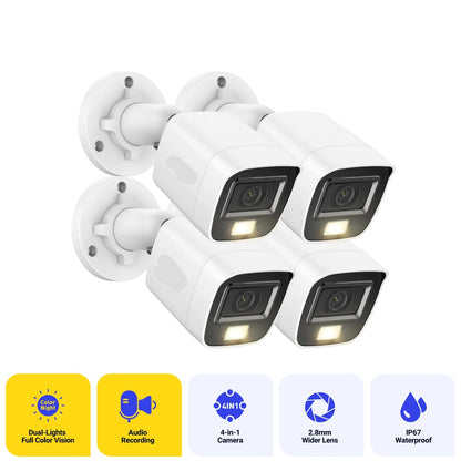 Beveiligingscamerasysteem - 5MP Camera - Openlucht - IP67  Waterdichte - Bullet Camera - Bewakingscamera - Beveiligingscamera - Met IR Cut Filter - 4 stuk - Wit - QUORE