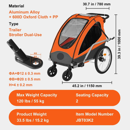 Fietstrailer - Fietskar - Aanhanger Fiets - Fietskar Voor Kinderen - Kinderfietskar - Opvouwbare Kinderwagen - 2-in-1 - 55kg - Vering - Reflectoren - Universele Fiets - voor Peuters en Kleuters