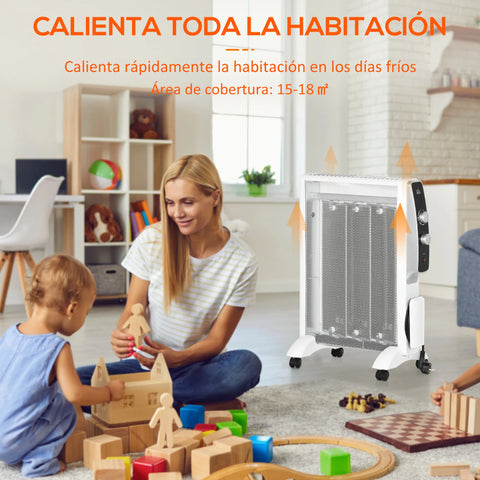 Homcom - Paneelradiatoren - Elektrische radiator - Snelle warmte convectorkachel - 1000W - 220V - 50Hz - Mica radiator - 4 wielen 47x26,5x61,5cm - Wit