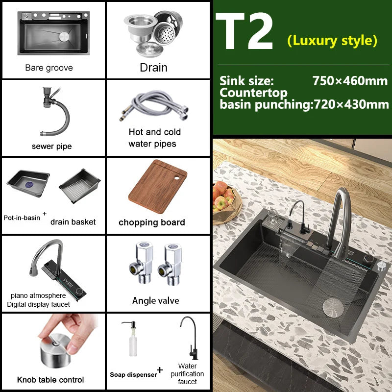 Stainless Steel Kitchen Sink WIth Waterfall Faucet Integrated Digital Display Embossed Washing Basin For Kitchen