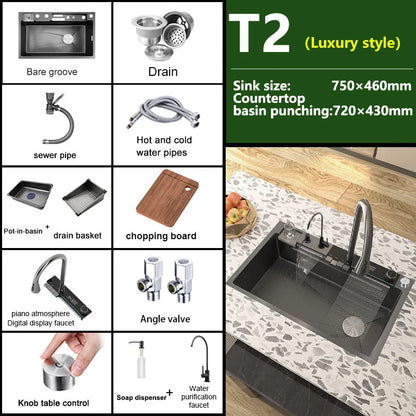 Stainless Steel Kitchen Sink WIth Waterfall Faucet Integrated Digital Display Embossed Washing Basin For Kitchen