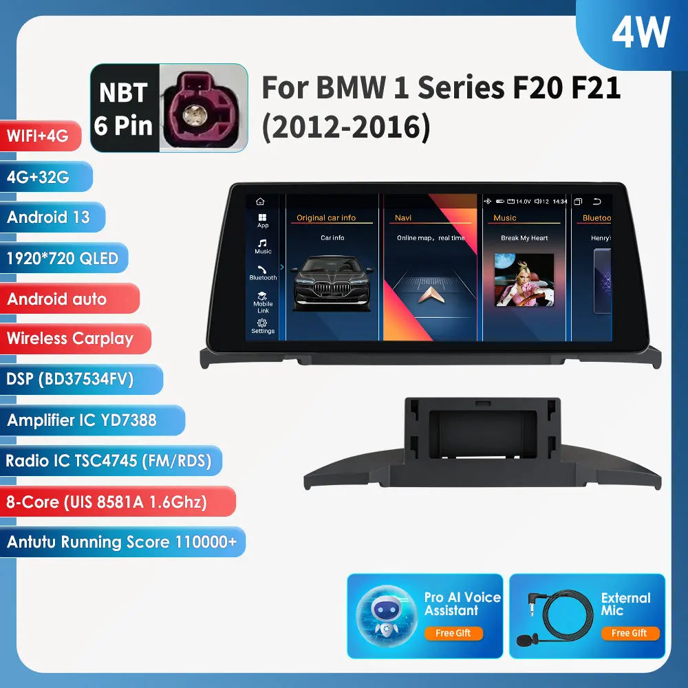 Hizpo Wireless Carplay Android 14 for BMW 1 Series F20 F21 NBT Systems 2011 - 2016 Multimedia Player Auto Radio Screen GPS Video - QUORE