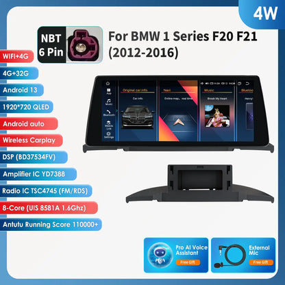 Hizpo Wireless Carplay Android 14 for BMW 1 Series F20 F21 NBT Systems 2011 - 2016 Multimedia Player Auto Radio Screen GPS Video - QUORE