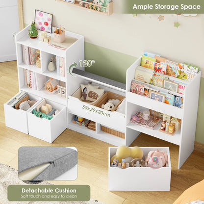 Opbergmeubel Kind – Speelgoedkast – Boekenkast – Kinderkast – Opbergkast – Wit – Met Bankje – 183,5 x 94,5 x 29,8 cm – Hout – 3 Rollende Lades