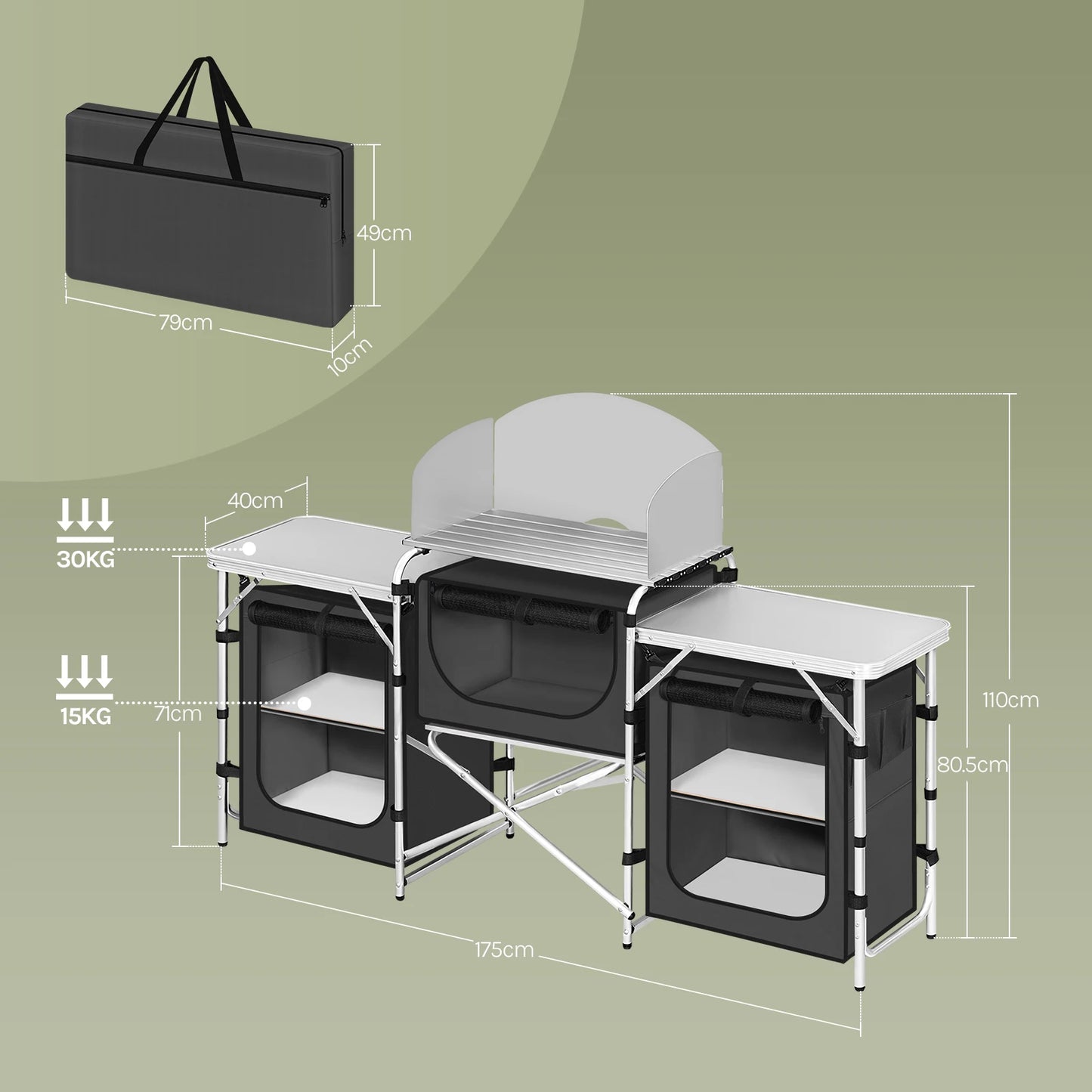 Campingkast - Campingkeuken - Campingkast Opvouwbaar - Kampeerkast - met Werkbladen - Aluminium Reiskeuken - Met Opbergruimte en Draagtas - voor Buiten, Tuin en BBQ – Donkergrijs