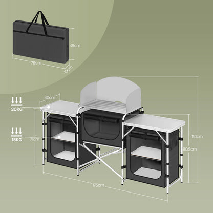 Campingkast - Campingkeuken - Campingkast Opvouwbaar - Kampeerkast - met Werkbladen - Aluminium Reiskeuken - Met Opbergruimte en Draagtas - voor Buiten, Tuin en BBQ – Donkergrijs