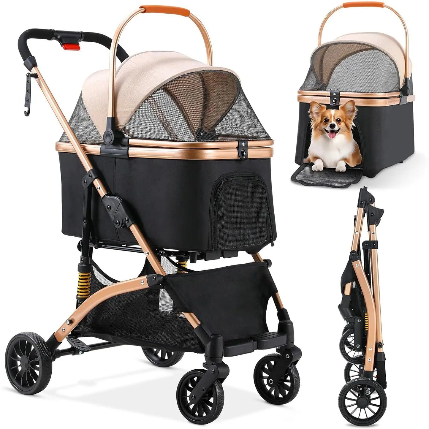 Hondenbuggy - Hondenwagen - Hondenkar - Hondenbuggy Inklapbare - 4-in-1 - Huisdierenbuggy - Afneembare Draagtas & Autostoel – Aluminium Frame – Honden- en Kattenwagen - Bruin en Zwart