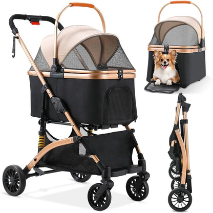 Hondenbuggy - Hondenwagen - Hondenkar - Hondenbuggy Inklapbare - 4-in-1 - Huisdierenbuggy - Afneembare Draagtas & Autostoel – Aluminium Frame – Honden- en Kattenwagen - Bruin en Zwart