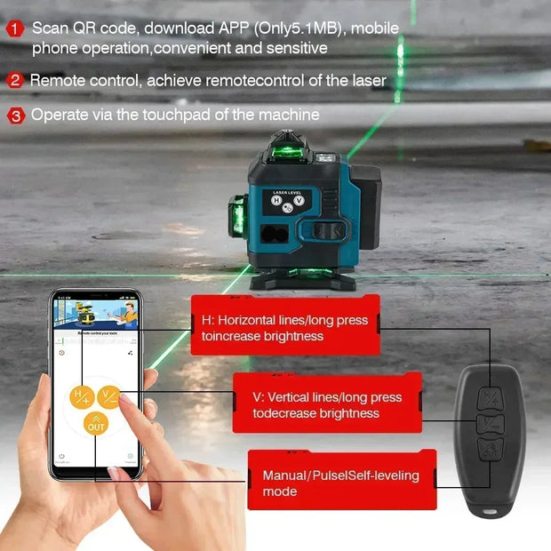 Kruislijnlaser - Bouwlaser - 4D-laser - Zelfnivellerend Horizontaal en verticaal kruis - Super krachtig - Groene laser - QUORE
