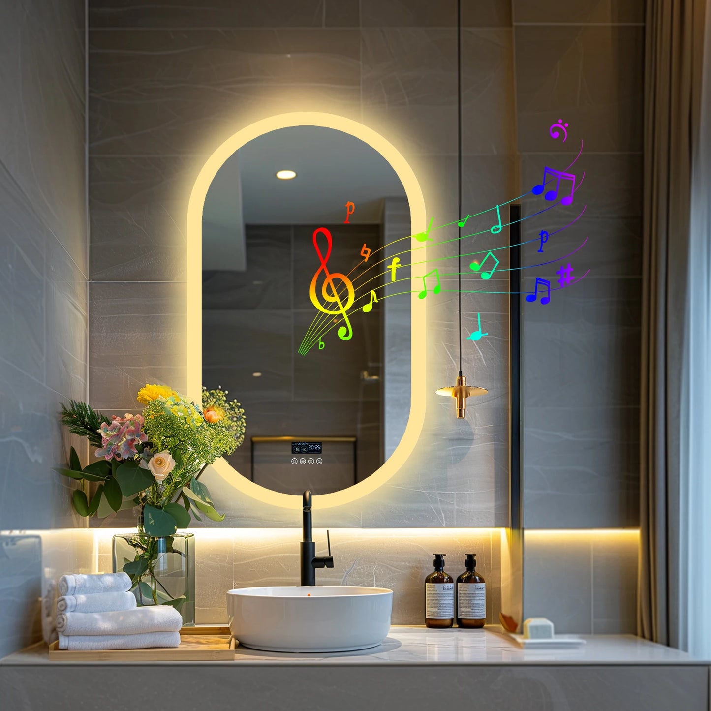 Ovale LED Badkamerspiegel – Verlichte Spiegel – Badkamer Spiegel – Make-up Spiegel – Wandspiegel – 50x80 cm – Anti-Fog Verwarming – Bluetooth Speaker Met Dimbare 3-Kleur Temperatuur LEDs
