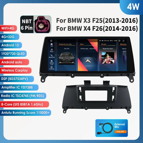 CarPlay - Multimedia Autoradio - Car CarPlay Scherm - Autoradio - Android Automultimedia - 4G - 10,33" - voor BMW X3 F25 CIC NBT voor BMW X4 F26 NBT - GPS - 2 Din - Stereo DSP - (4W) 4G-32G NBT