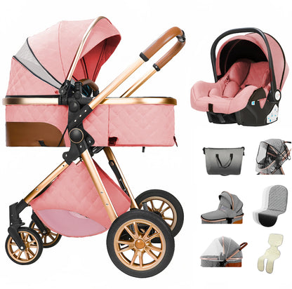 3-In-1 Kinderwagen – Reiswieg – Autostoeltje – Wandelwagen – Compact Opvouwbaar – Roestvrij Staal Frame – Geschikt Vanaf Geboorte - Roze