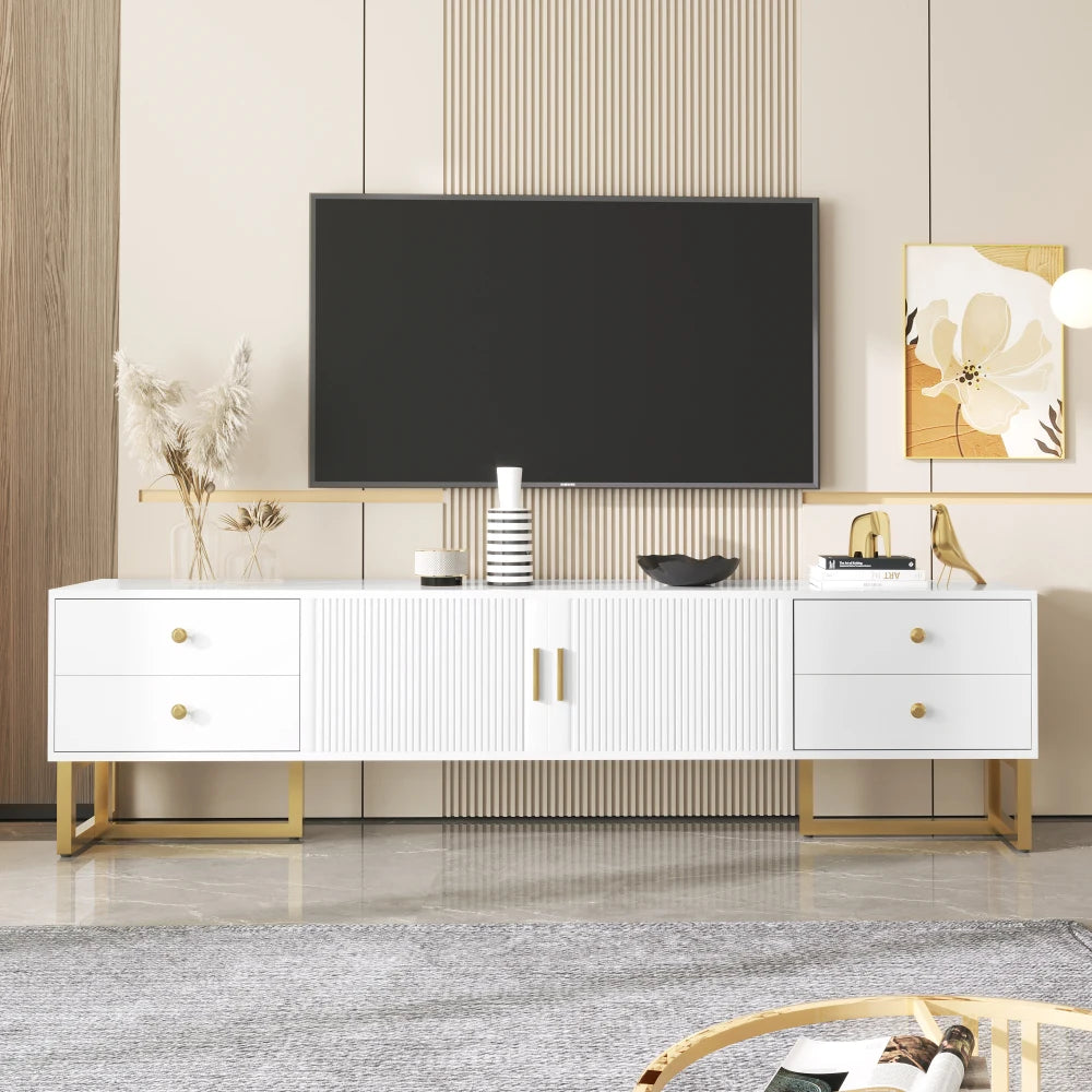 Tv-Meubel – Tv-Kast – TV-Meubel – Dressoir – Zwart Met Gouden Pootjes – Geschikt Voor Televisies Tot 79 Inch – Vier Lades En Centrale Kast - Wit