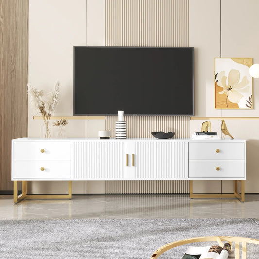 Tv-Meubel – Tv-Kast – TV-Meubel – Dressoir – Zwart Met Gouden Pootjes – Geschikt Voor Televisies Tot 79 Inch – Vier Lades En Centrale Kast - Wit