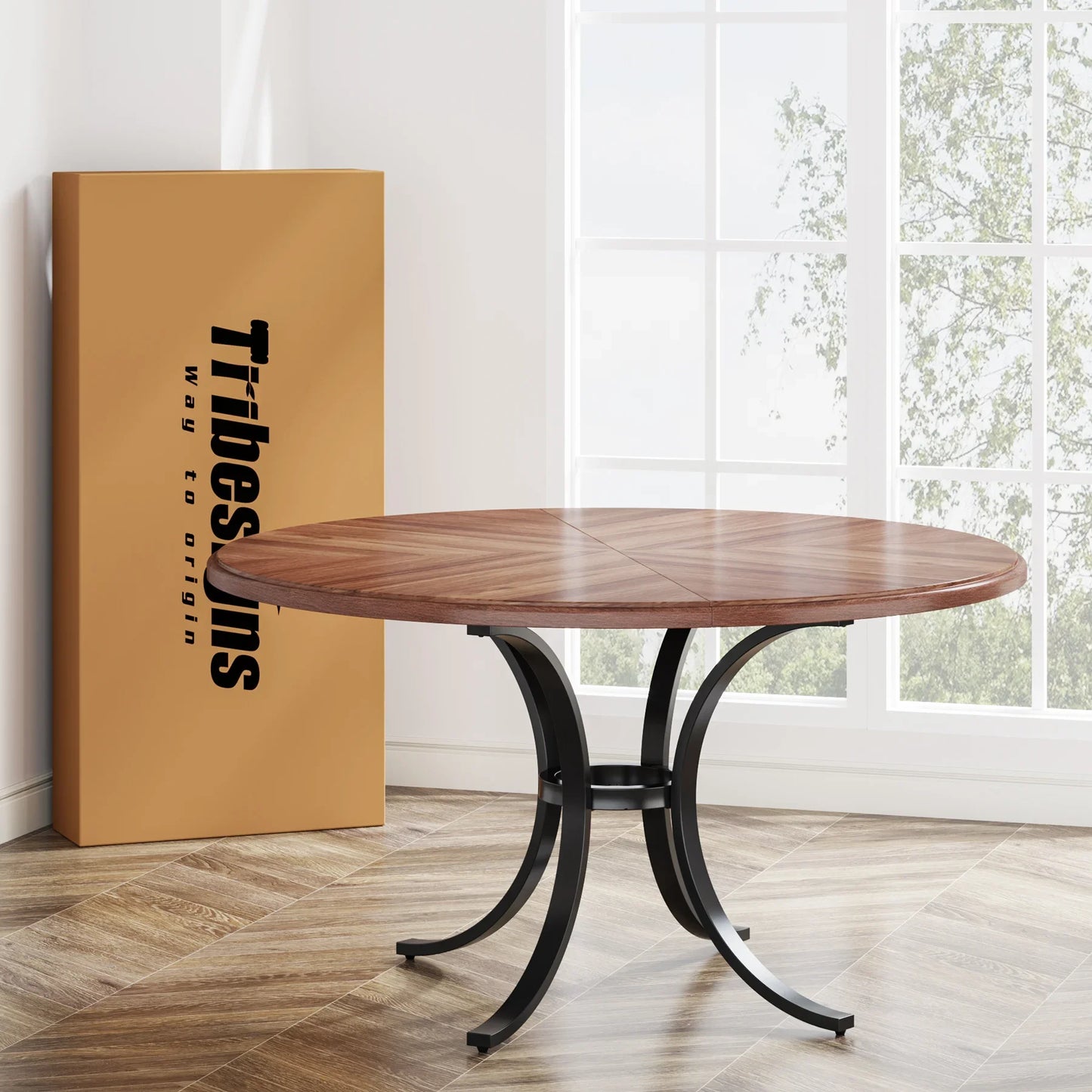 Ronde Eettafel – Eettafel – Ontbijttafel – Theetafel – Woonkamertafel – 120x120 Cm – Houtfineer Met Metalen Poten