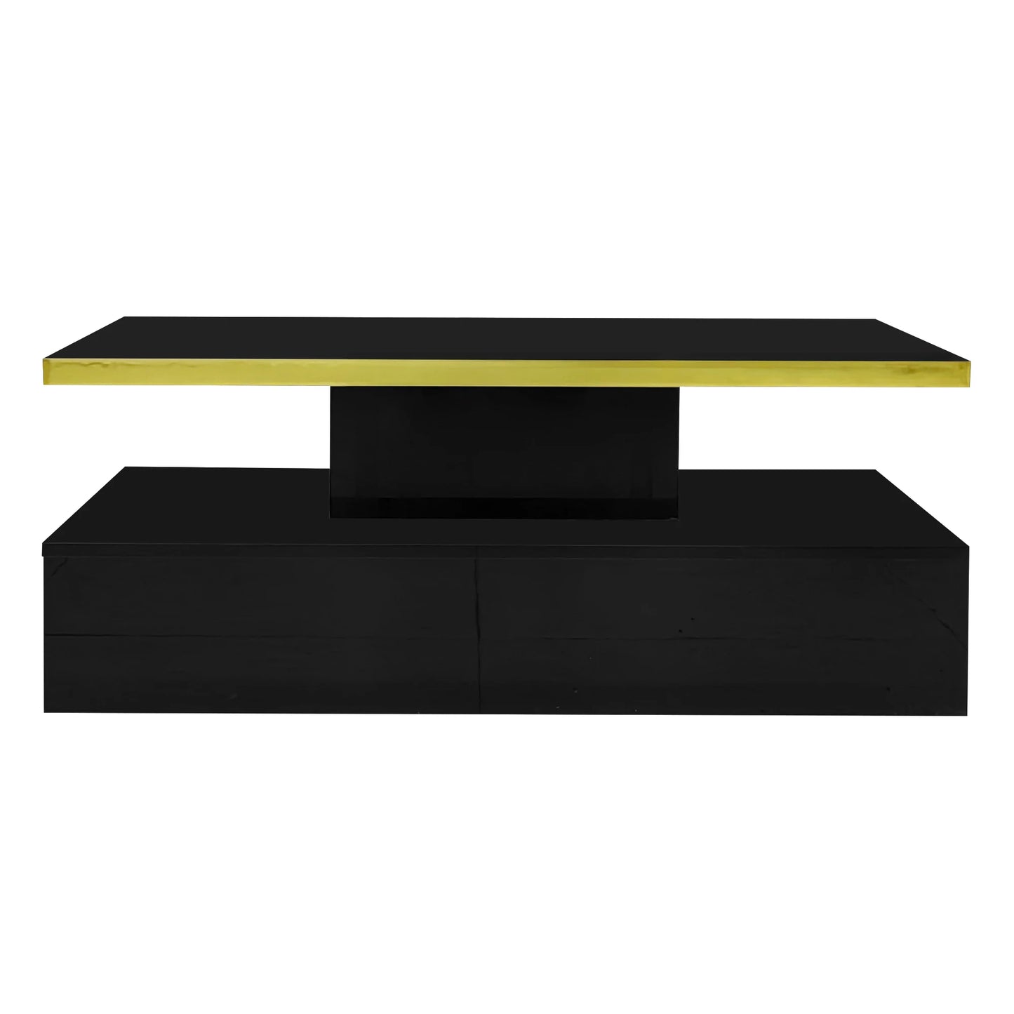 Salontafel – Koffietafel – Woonkamertafel – Tafel Met Lade – Hoogglans Zwart – Twee Niveaus – Compact Met Gouden Rand - 100 x 50 x 38.5 cm - Zwart