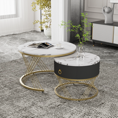 Koffietafel Set – Salontafel – Bijzettafel – Woonkamertafel – Modulaire Tafels – Marmerlook Blad – Gouden Accenten - 78 x 76.5 x 28 cm - Wit & Goud