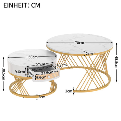 Salontafel – Bijzettafel – Opbergtafel – Woonkamertafel – Compact – Marmerlook Blad – Opberglade - Wit