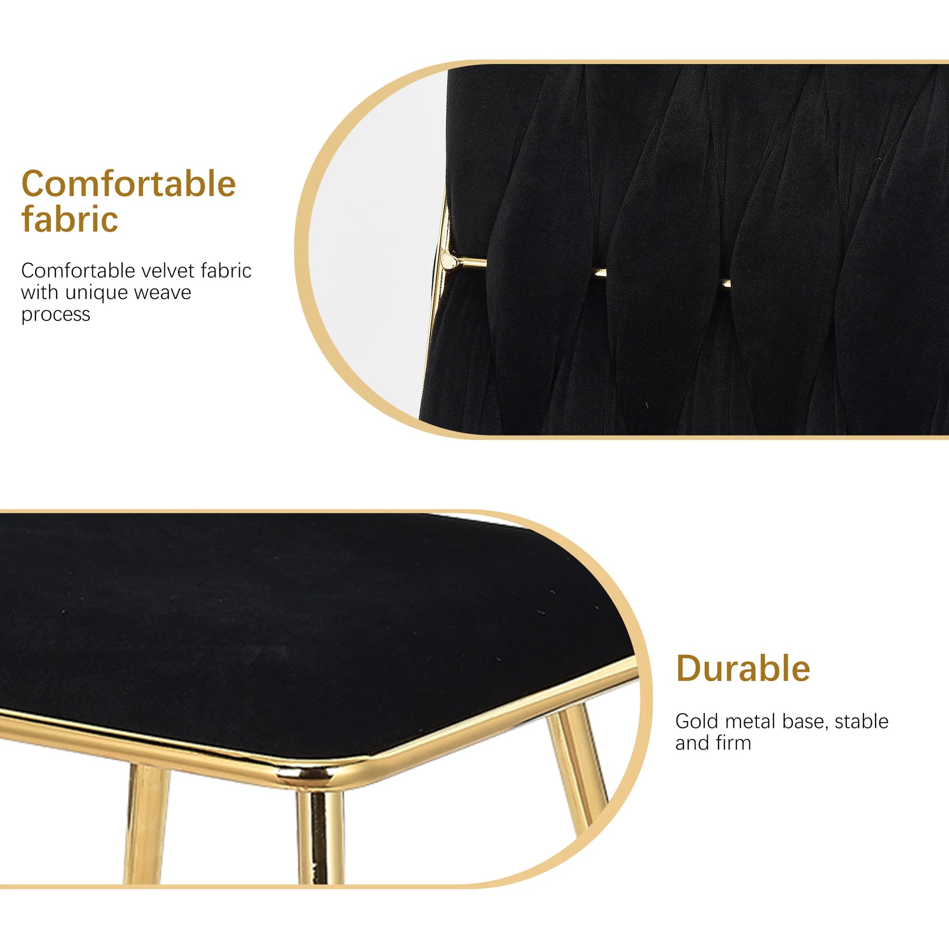Eetkamerstoelen – Set van 2 - Velvet Stoelen – Design Stoelen – Comfortabele Stoelen – Ergonomisch Ontwerp – Metalen Poot – Goudkleurig - 44 x 43 x 77.5 cm - Zwart - QUORE