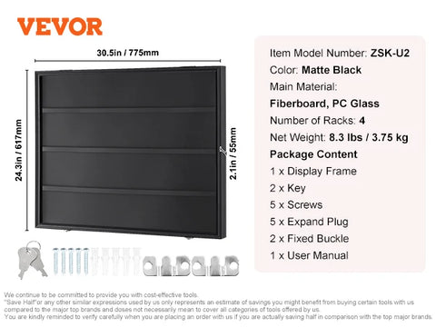 Vevor - Display Frame - Display Frame Organizer - Large Lockable Sports Shadow Box - 98% UV Protection PC Glass and Hangers