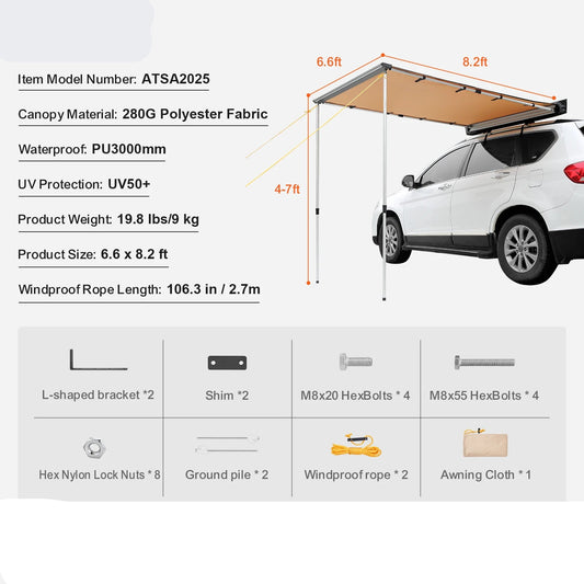 270° Luifel - Uitschuifbare - Autozij - Dak - voor SUV - Camper en Truck - 280G Polyester Stof - Waterdichte - met PU3000mm Coating - 6.6x8.2ft