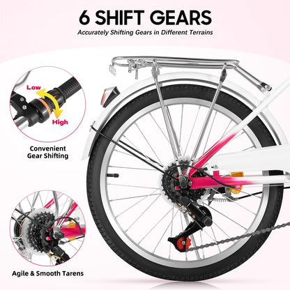 Kinderfiets – 20-Inch Fiets – Stadsfiets – Comfortfiets – Damesfiets – 6 Versnellingen – Koolstofstaal Frame - Roze