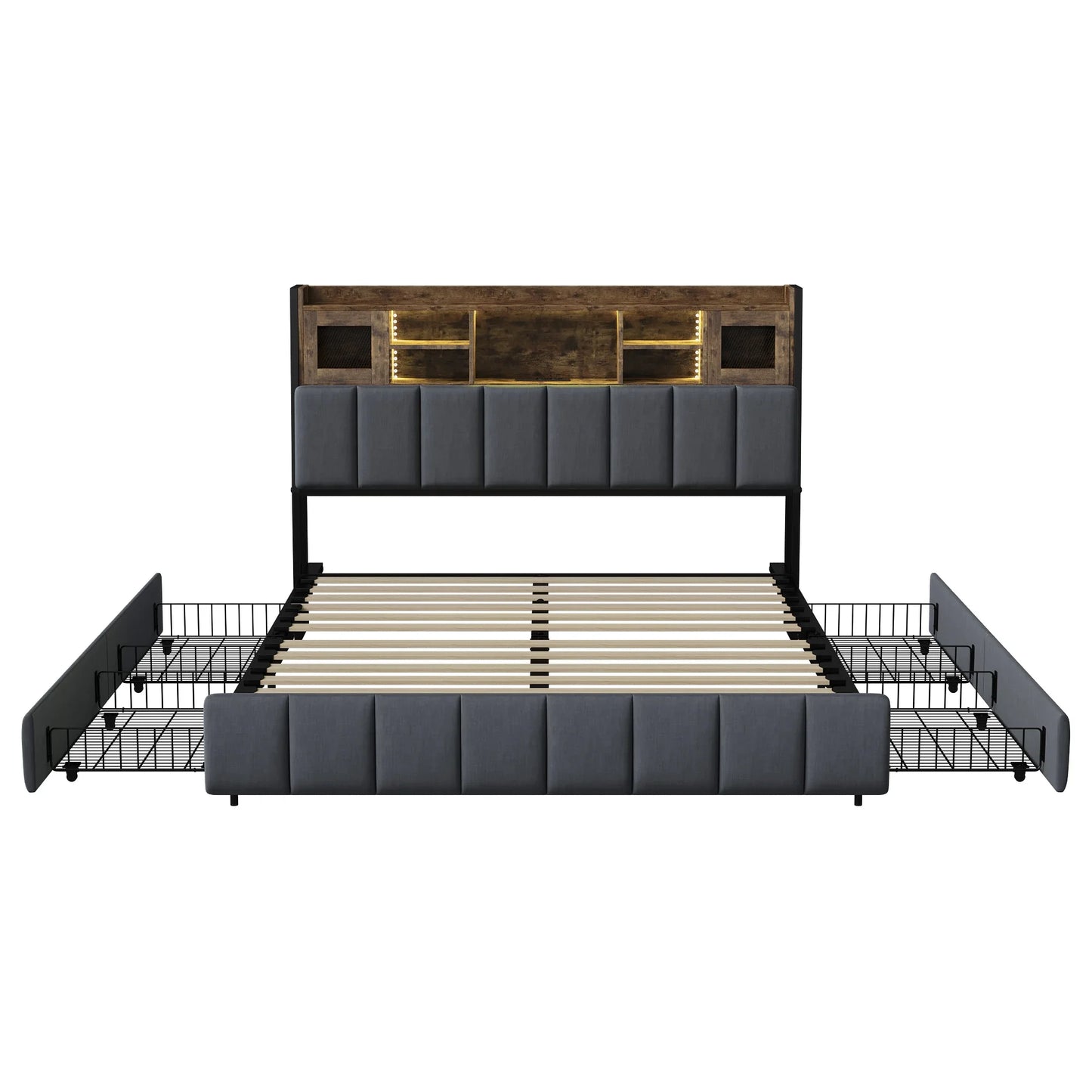 Linnen Bed – Tweepersoonsbed – Opbergbed – Bedframe Met Laden – Bed Met Hoofdbord – 140x200 cm – Met 4 Lade Opbergruimte – USB Oplaadpoorten
