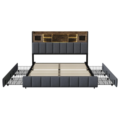 Linnen Bed – Tweepersoonsbed – Opbergbed – Bedframe Met Laden – Bed Met Hoofdbord – 140x200 cm – Met 4 Lade Opbergruimte – USB Oplaadpoorten