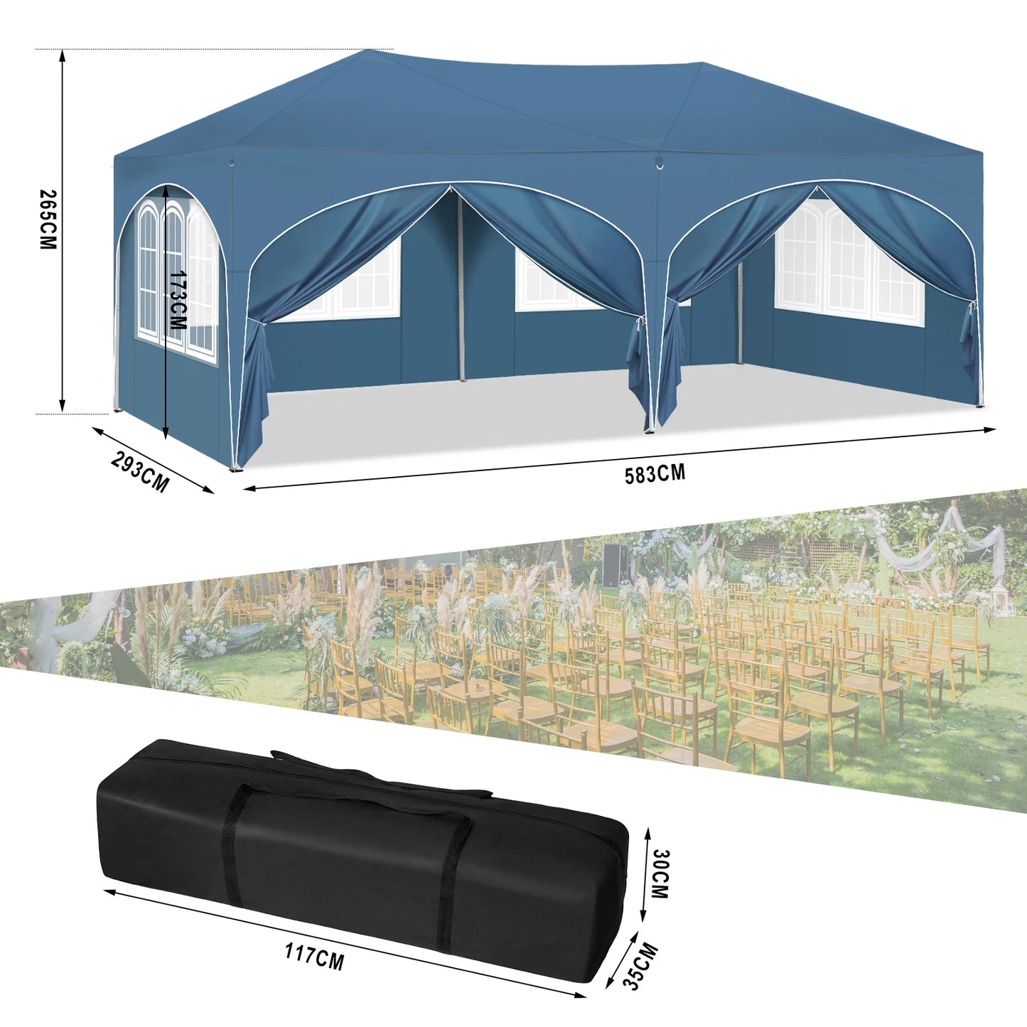 Paviljoen - Tuinpaviljoen - Partytent - Tuintent - Pop-up Kliksysteem - Stabiel - Opvouwbaar - Waterdicht - Winterbestendig - 50+UV-Bescherming - voor Tuin - Buiten - Achtertuin - 210D Oxford-doek - Ijzeren Buis - 3 x 6 m - Blauw