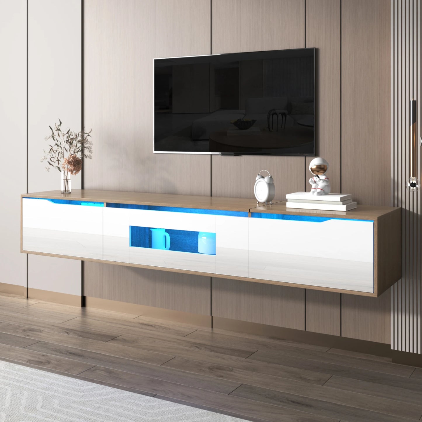 Tv-Meubel – Tv-Kast – Tv-Dressoir – Tv-Meubel Hoogglans – 16-Kleuren Ledverlichting – Geribbelde Deuren – Wandmontage