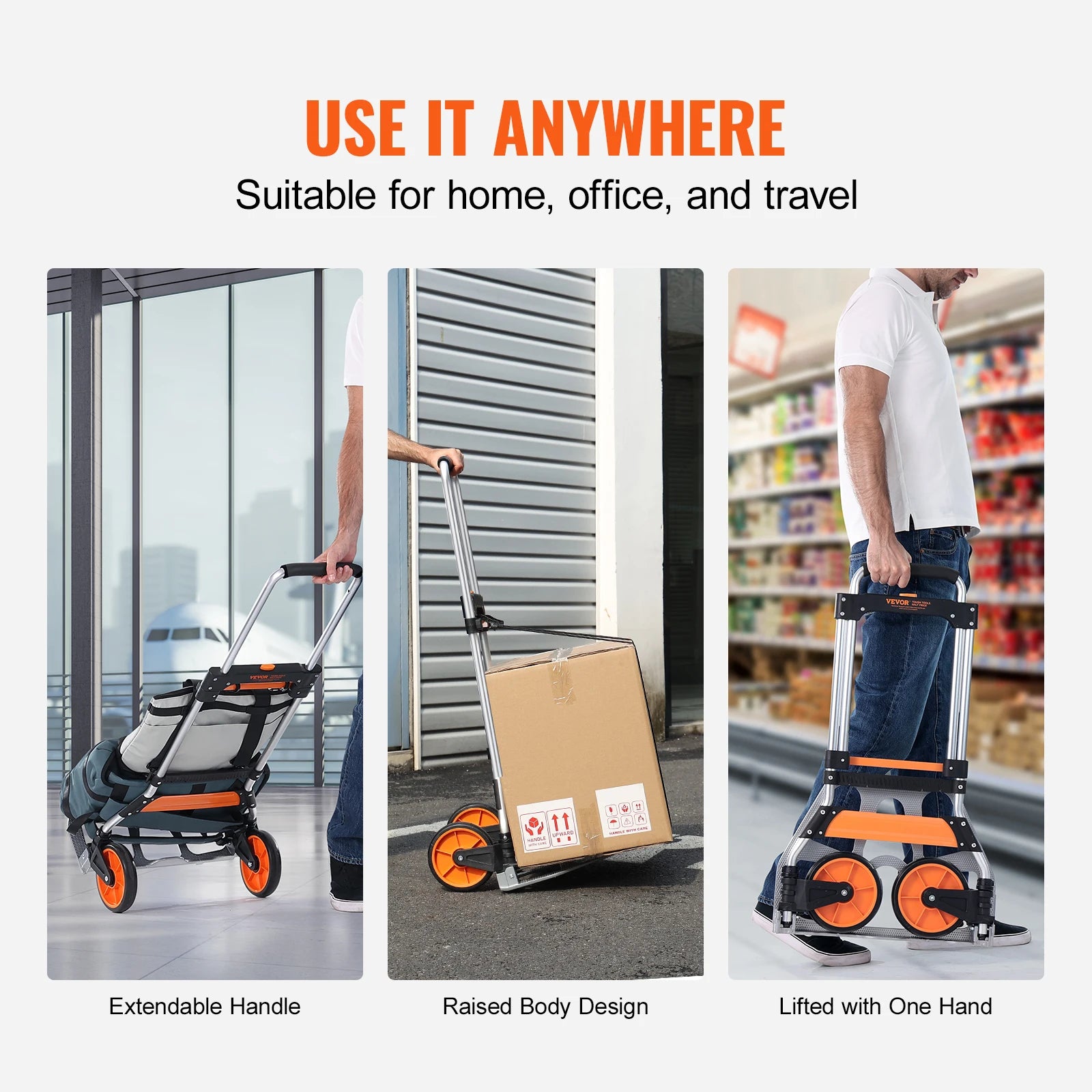 Opvouwbare Steekwagen – Transportkar met een Draagvermogen van 140 kg, Gemaakt van Aluminiumlegering en Kunststof – Stapelbare Trolley met Verstelbare Handgreep (900–1109 mm) – Inklapbare Trolley met Trekkoord – Compact Formaat voor Gemakkelijke Opslag - QUORE