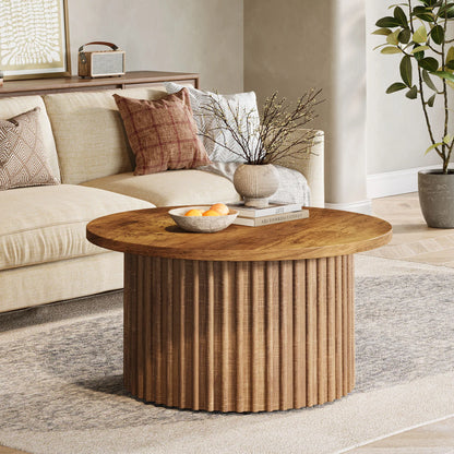 Ronde Salontafel – Bijzettafel – Koffietafel – Woonkamertafel – Houten Tafel – Warm Houtfineer – 80 cm Diameter – Geprofileerde Trommelvoet