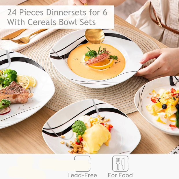 Dinnerware set - Porcelain Dinnerware - Dinner Plates - Round Plates - Black Line - 18-Piece - Soup Plates - Dessert Plates - For Kitchen - Dining Table